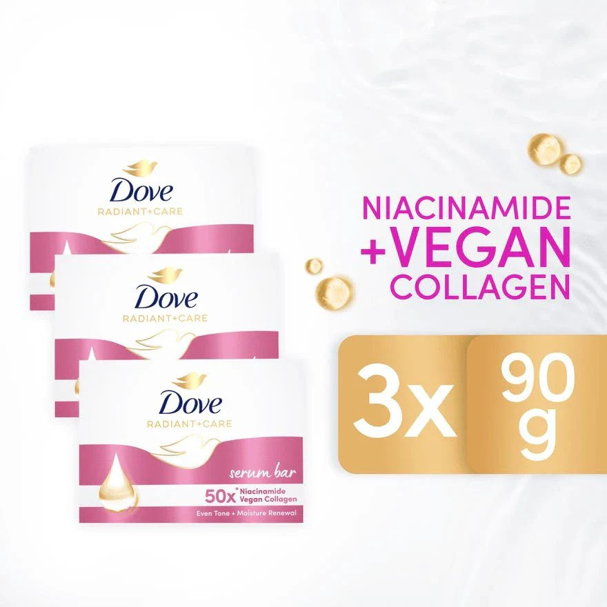 Thumbnail: Dove Radiant+Care Serum Bar Triples 50x Niacinamide + Vegan Collagen 90g (3 bars