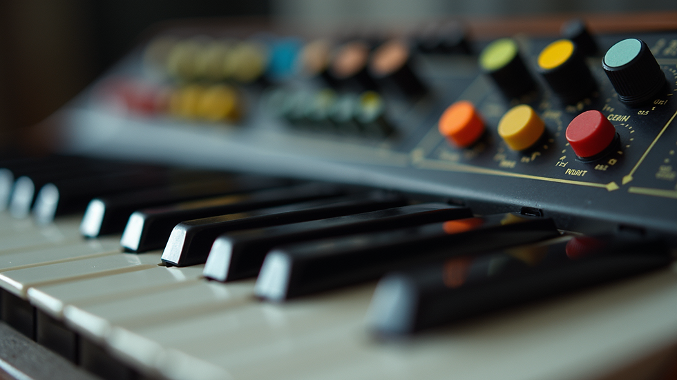 Close-up view of a vintage synthesizer with colorful knobs and buttons