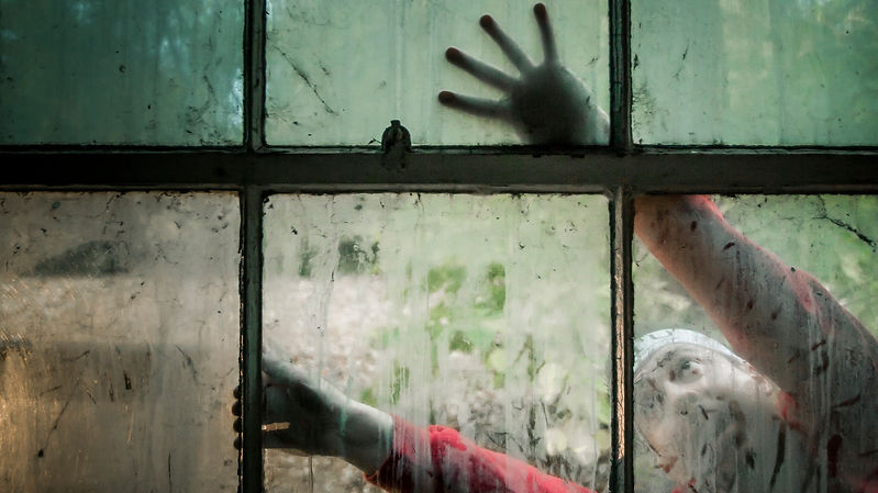 Person with hands touching a dirty window