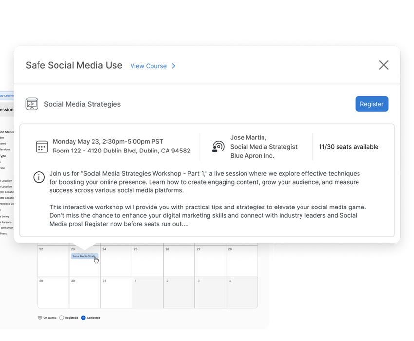 Screenshot showing a Calendar session flyout