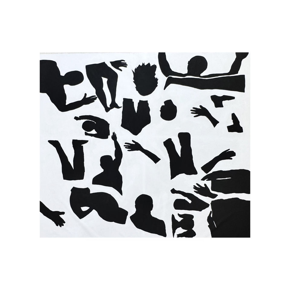 I Wanted to Be There Too, 2026. Valeria Fittipaldi. Large-scale floor painting on carpet depicting an invisible sea from which fragments of interrupted human lives emerge. Acrylic paint, 215×200 cm. UNESCO ArtCamp, Temple University Rome.