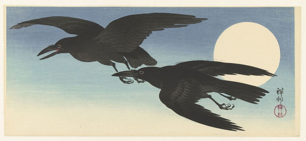 Japenese fine art, vintage print -Two crows flying through the night sky with full moon. 