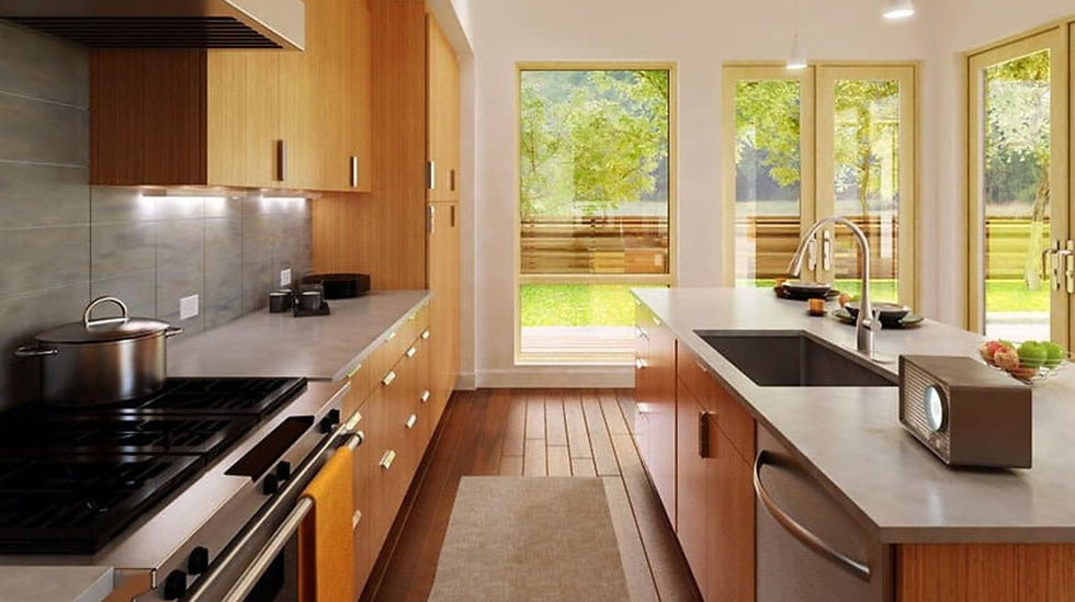 Humble Creek Construction modern scandinavian galley kitchen with wood millwork and large picture window view