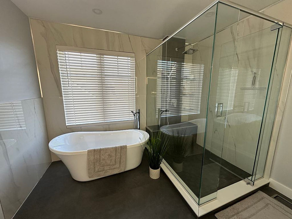 After Modern bathroom renovation with custom vanity and fixtures. 7