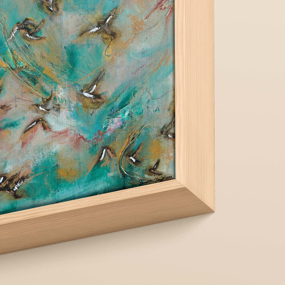 Thumbnail: Wings of Birth II Framed Canvas Print - Teal Gold abstract wall art