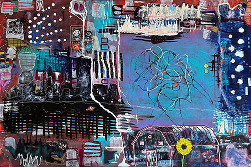 Swimming Upstream (2025)
24" h x 36" w
mixed media on canvas