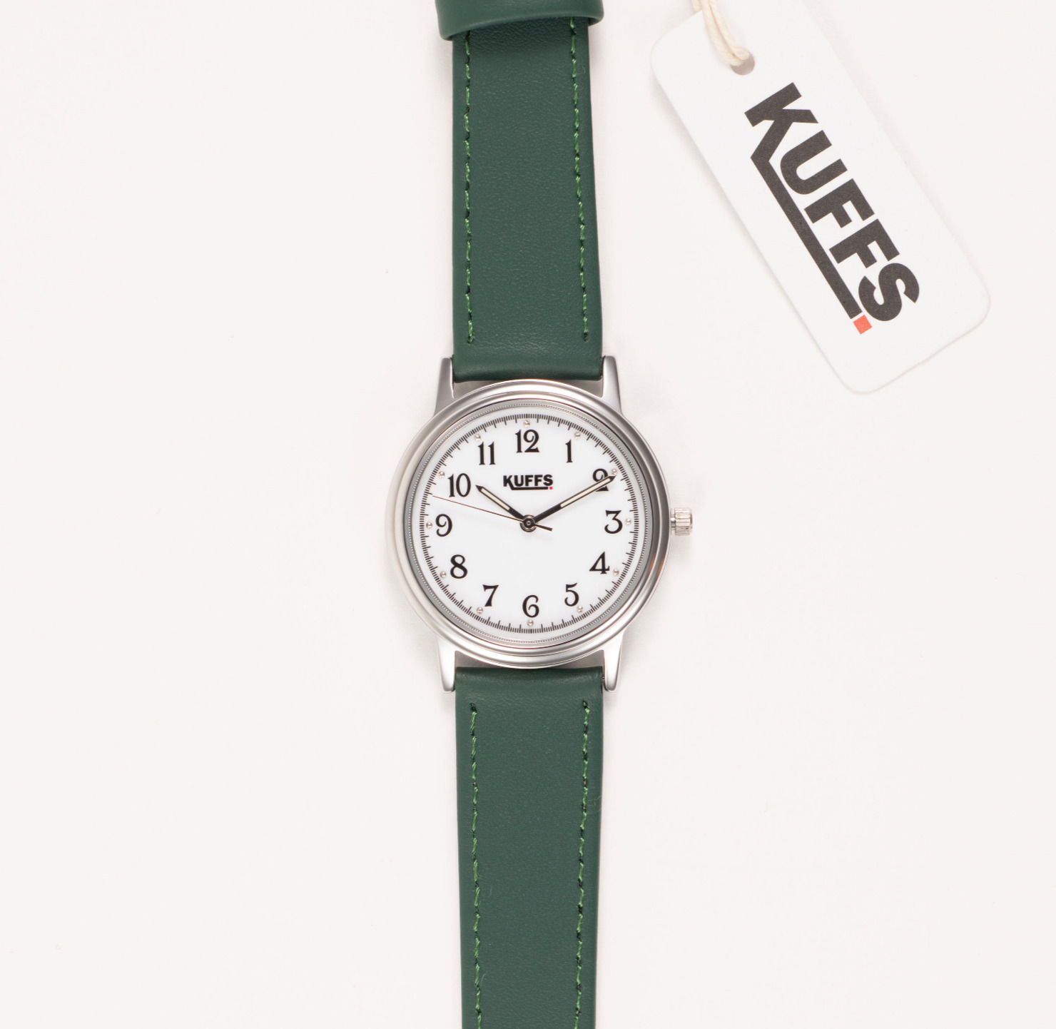 Kuffs large case Dark Green leather strap watch