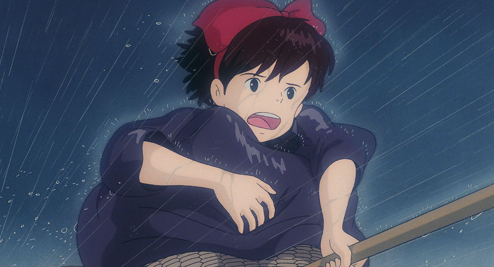 Kiki trying to fly through the rain to complete her delivery