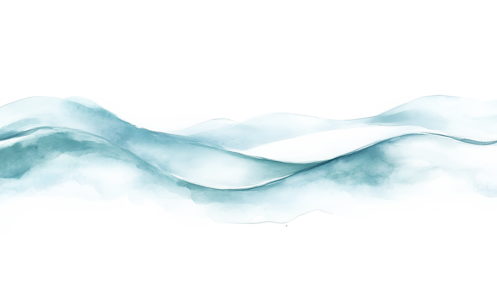 Aquarellwellen, die sanft durch den Raum gleiten, in hellen Blau- und Grüntönen.