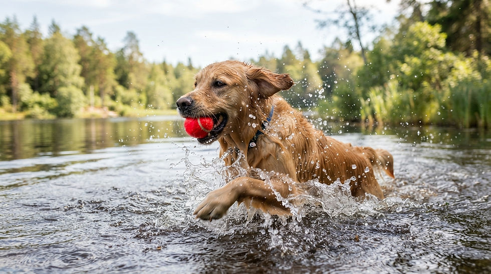 Golden Retriever retrieving a ball from water