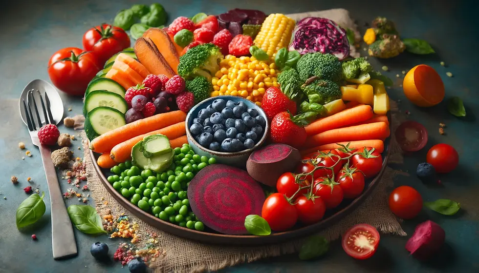 A close-up view of a plate filled with a colorful assortment of food, highlighting a diverse and healthy diet.