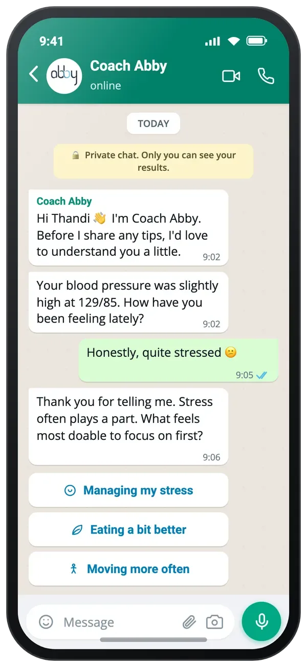 Coach Abby on WhatsApp, an example conversation