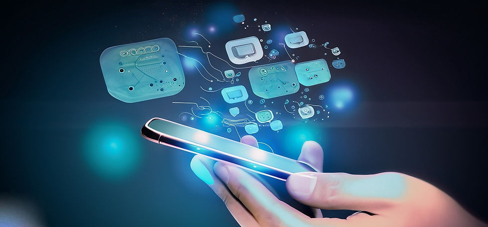 Firefly generell, mørk, futuristisk illustrasjon av telefon med app, databobler rundt, en
