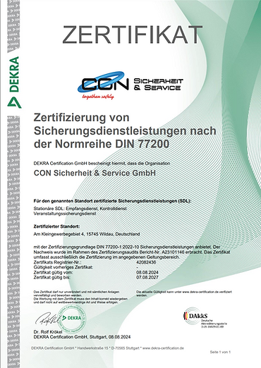 DIN 77200 Dekrazertifikat / CON Sicherheit & Service GmbH