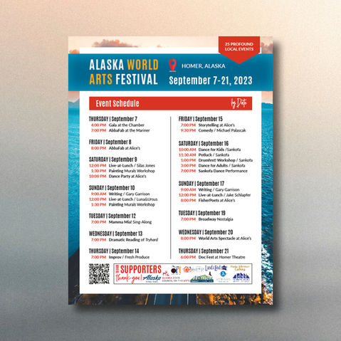 Newspaper calendar insert promoting Alaska World Arts festival, featuring event dates, and performer lineup.