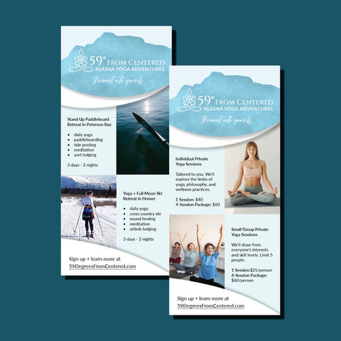 Rack card design for a yoga retreat company showcasing services, upcoming retreats, and wellness offerings, with calming visuals and the company’s logo.