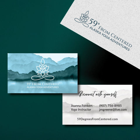 Business card design for a yoga retreat company featuring calming colors, the company logo, contact details, and a serene nature-inspired background.