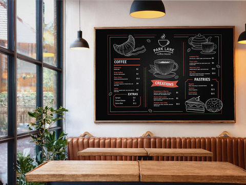 Menu design for Park Lane Coffee House featuring a variety of coffee drinks and pastries, with the brand's logo and modern typography.