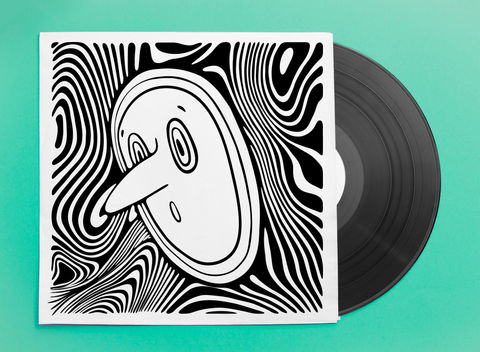 Trippy illustration of a man's face poking through psychedelic space on vinyl album cover