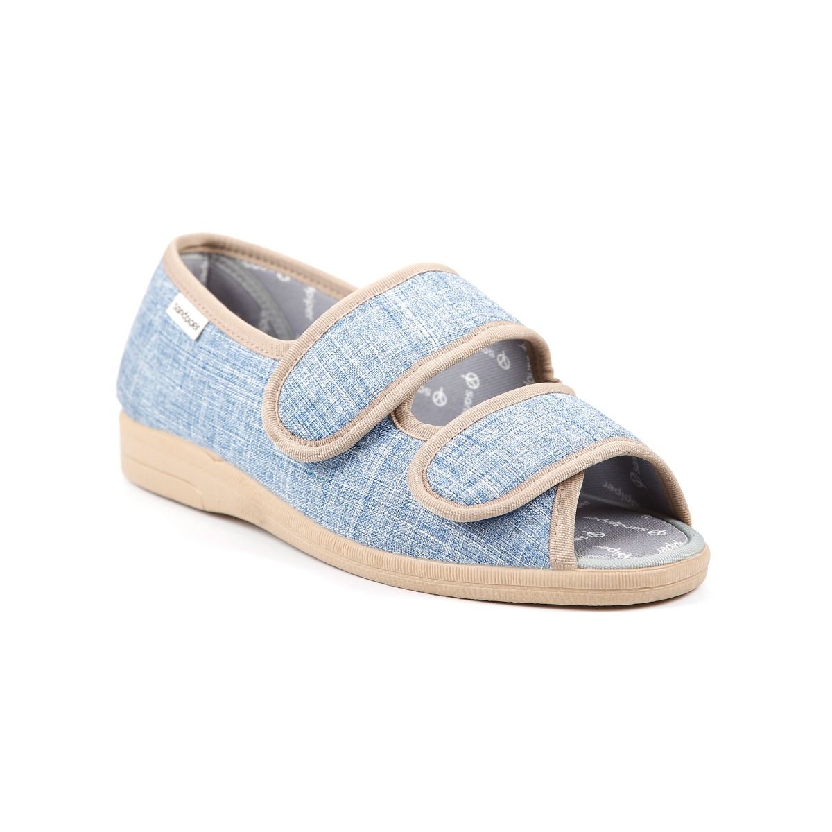 Dora Ladies Ultra-Wide Open Toe Canvas Sandal by Sandpiper, available from Fen Mobility Centre