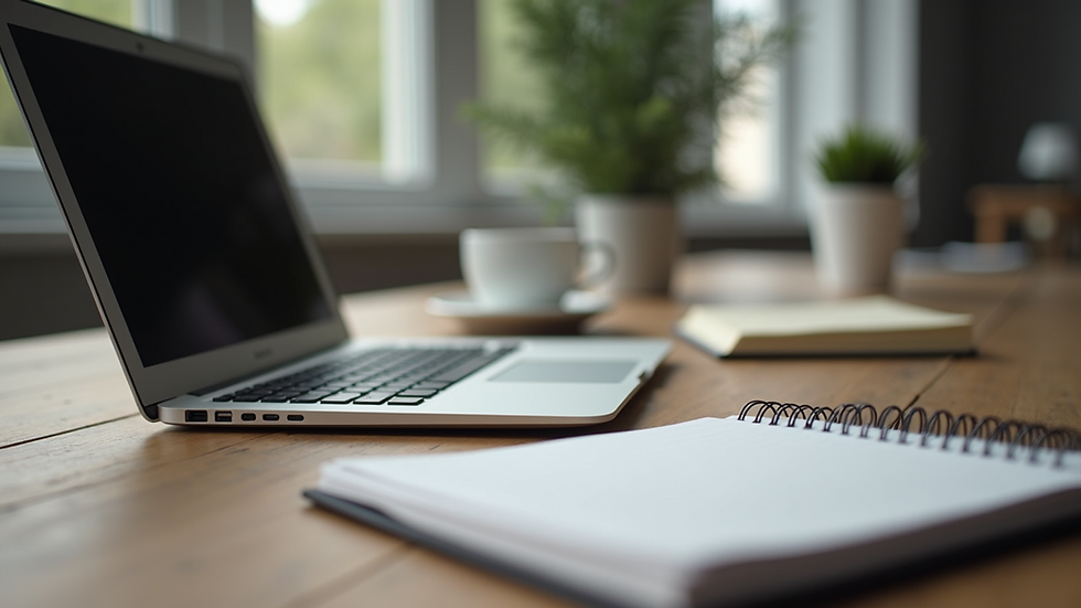Eye-level view of a laptop and notebook on a tidy desk
