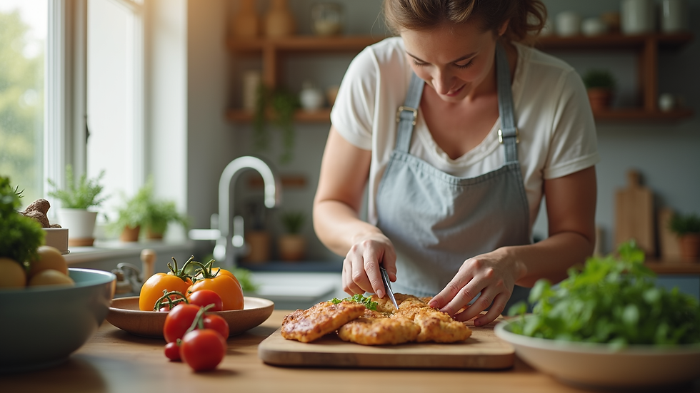Close-up view of a caregiver preparing a meal in a home kitchen