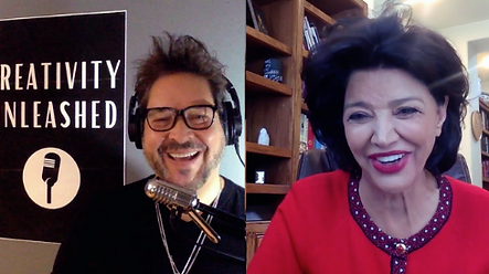 Image of host Sergio Navarretta and guest Shohreh Aghdashloo recording an episode of podcast "Creativity Unleashed."