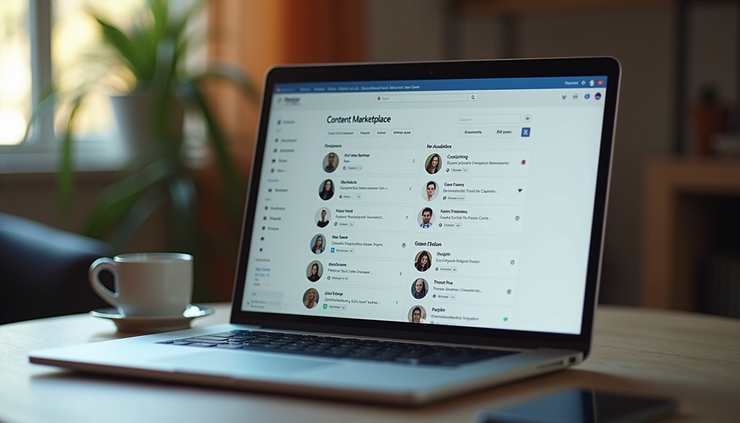 Eye-level view of a laptop screen showing a content marketplace platform interface