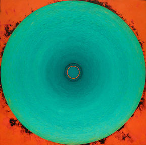 Sea circle - Through the lifebuoy - The rising tide. Mixed media art. Inspired by the Cornish seascape and global warming. Environmental issues. Original art by Julie A. Daniels.