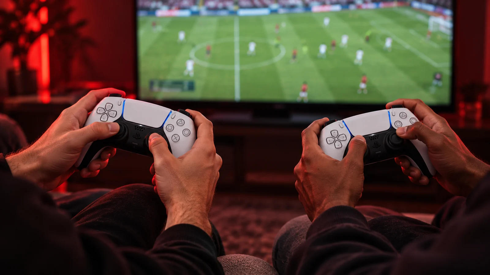 Two PS5 DualSense controllers in use during a shared console game