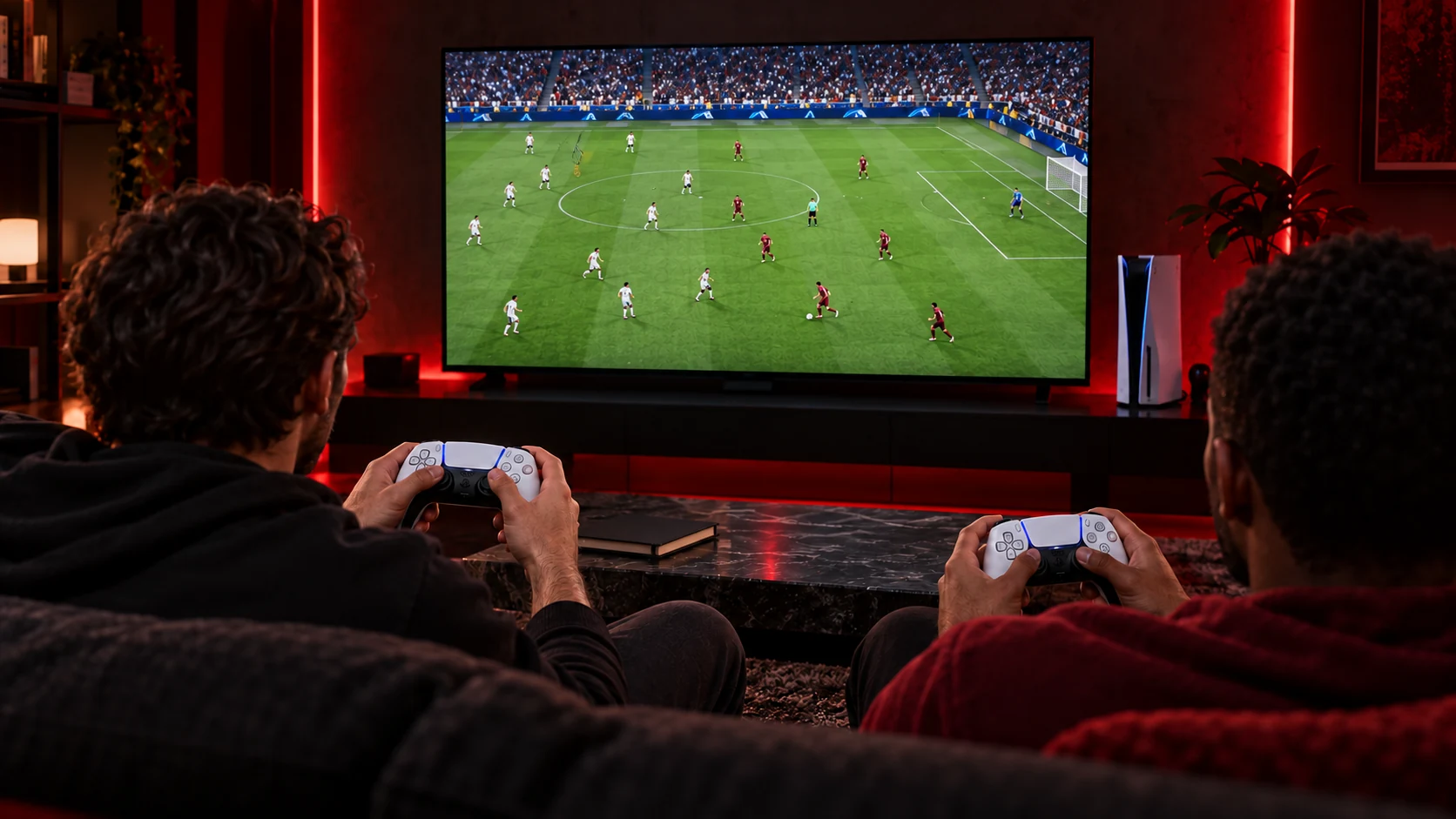 Illustrative two-player PS5 football gameplay with DualSense controllers