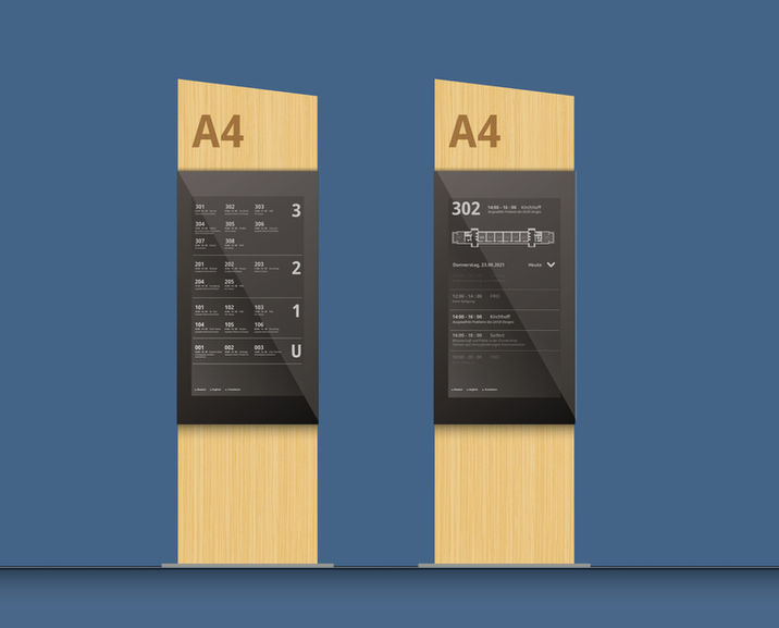 Rendering zweier hölzener Schilder mit Leitsystem darauf
