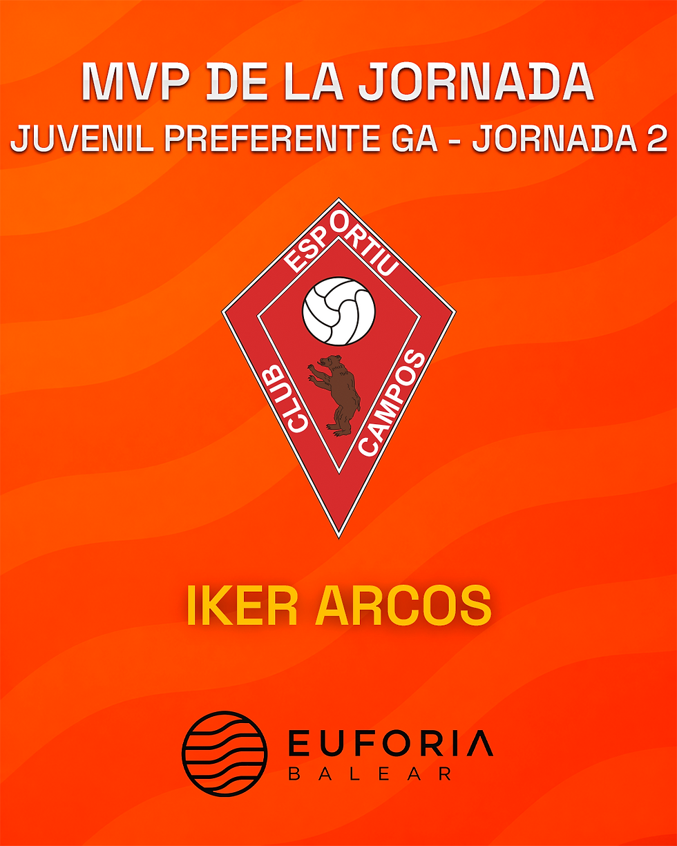Cartel de Iker Arcos, CE Campos, MVP de Juvenil Preferente, grupo A — jornada 2. Euforia Balear.