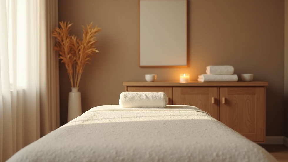 Eye-level view of a massage therapy room with a massage table and calming decor