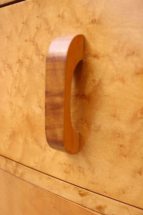 Thumbnail: An English Art Deco blonde Birds Eye Maple Tallboy, c1930