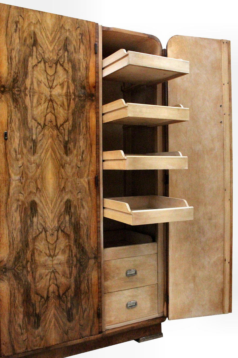 Thumbnail: Art Deco Triple Wardrobe in Highly Figured Walnut, c1930