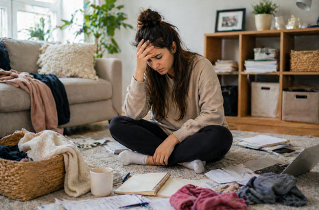 Stressed woman amid household clutter