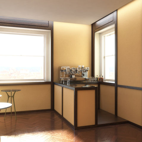 3D Rendering der Innenarchitektur des Barbereichs der Reale Mutua in Turin, das elegantes Design, warme Farbtöne und hochwertige Materialien in einer einladenden Atmosphäre detailliert darstellt