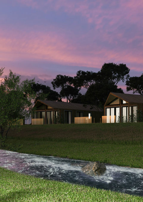 Fotorealistisches 3D Rendering des modernen River House in der Natur Londons, das die harmonische Integration in die grüne Umgebung, große Glasfassaden, natürliche Materialien und die elegante, minimalistische Architektur in detailreicher Darstellung zeigt