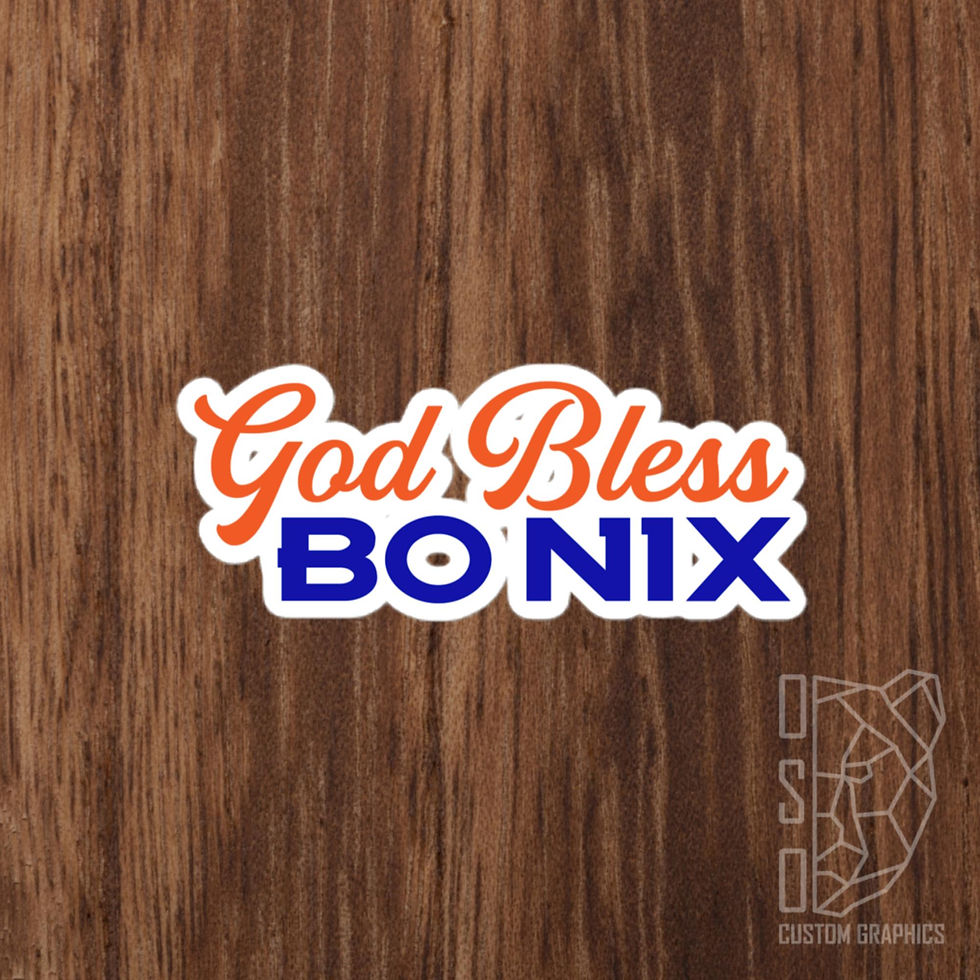 God Bless in an orange script font, and Bo Nix in a royal blue block lettering font