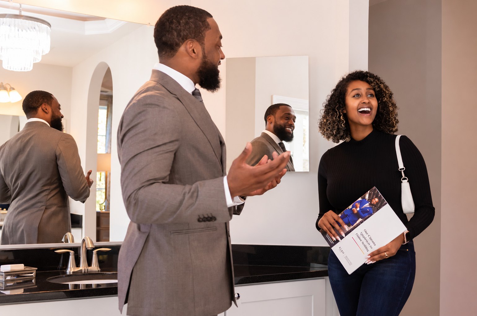 Real estate agent in a gray suit gesturing warmly as a smiling client holds his brochure during a home tour