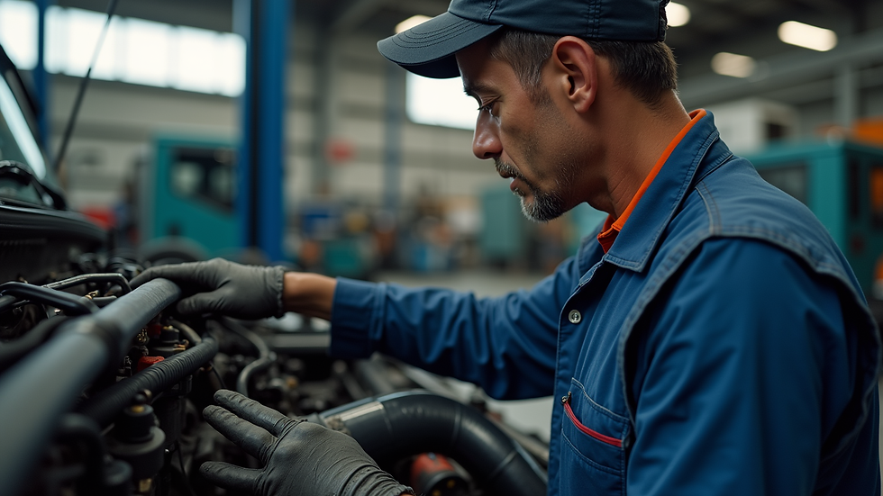 Close-up view of a mechanic inspecting a truck engine in a garage