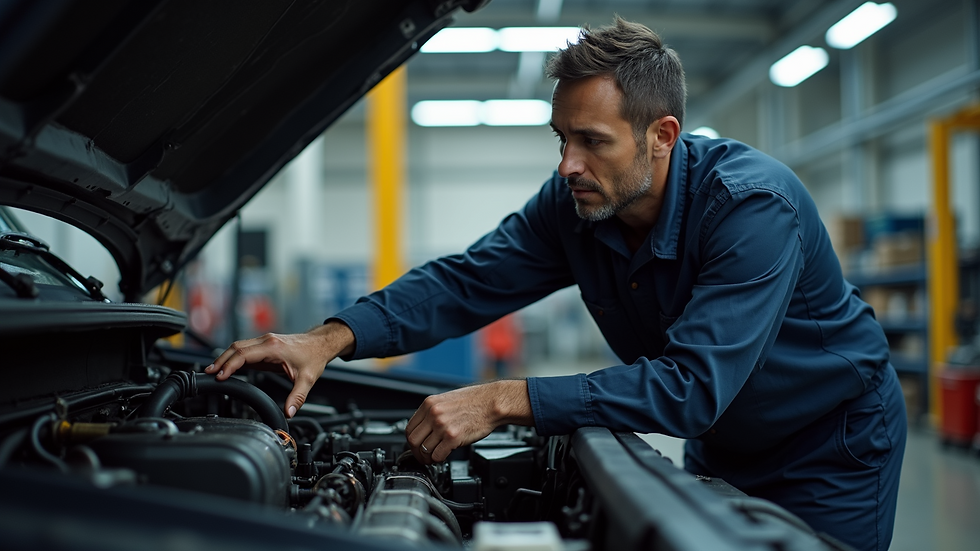 Close-up view of a mechanic inspecting a truck engine