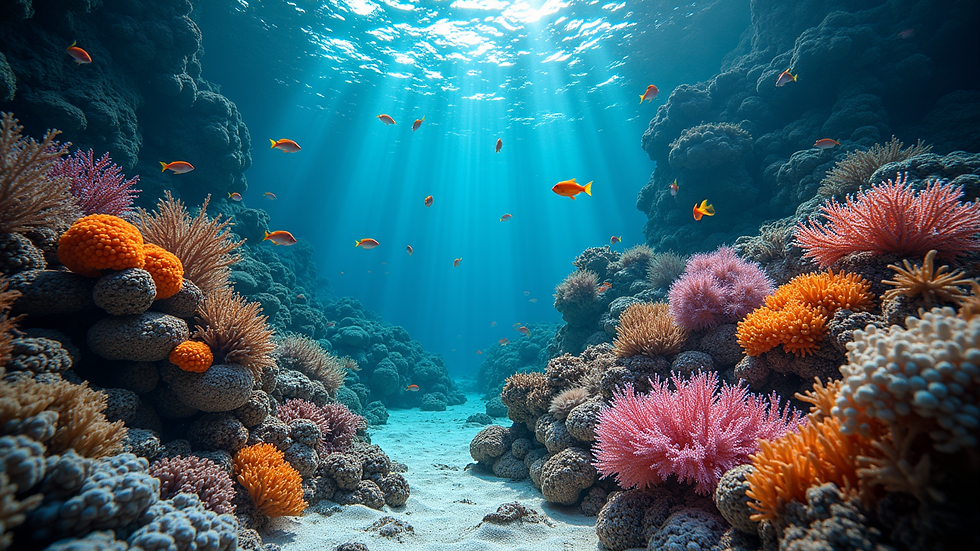Wide angle view of a vibrant coral reef exhibit