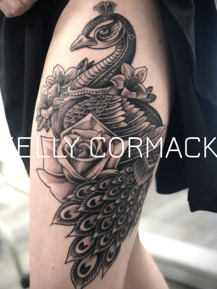 Peacock tattoo at The Rookery Tattoo Studio, Galashiels, Scottish Borders 