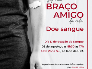 Campanha de Doação de Sangue será realizada no dia 05 de agosto em Bento