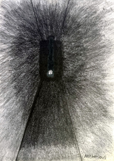 Conceptual graphite drawing depicting a dark corridor with dramatic lighting.