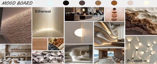 Mood board featuring earthy architectural interiors, ceramic materials, sculptural lighting, textured walls, clay references, and warm neutral color palettes establishing the design vision for a ceramic's studio.