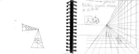 Sketchbook pages featuring perspective grids, projection diagrams, and geometric construction studies.