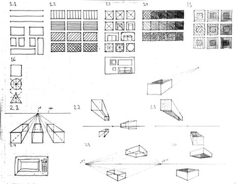 Compilation of drafting exercises demonstrating line weights, textures, perspective, and geometric construction.